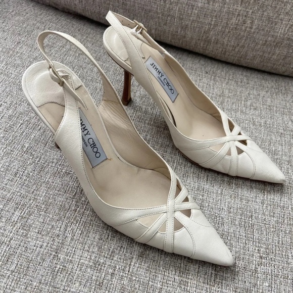 Jimmy Choo Shoes - JIMMY CHOO Grainy Goat Leather Ecru Heels EU 38 US 7 Slingback Pointed Toe Ivory